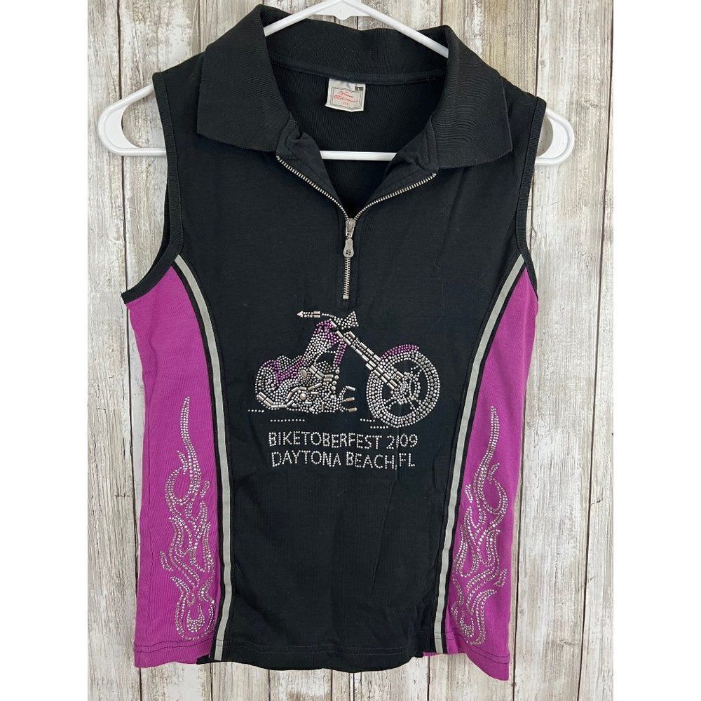 2009 Biketoberfest Women Adult Sleeveless Collared Bling Purple Black